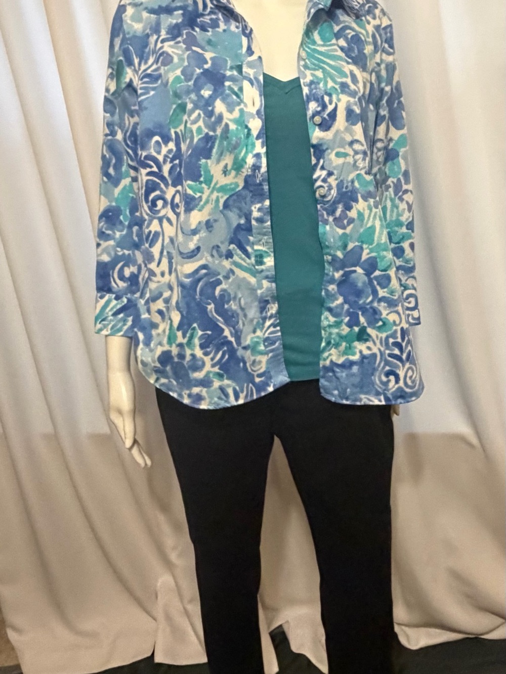 Chaps Blue Teal Floral Paisley Watercolor Button Down Blouse 3/4 Sleeve